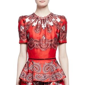 NWT Alexander McQueen Paisley Print Silk Padded Shoulder Peplum Top 38
